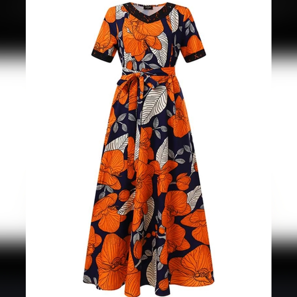 Vonda Vibrant Floral Botanical Maxi Dress Pullover Pockets Vneck Size Small NWT
